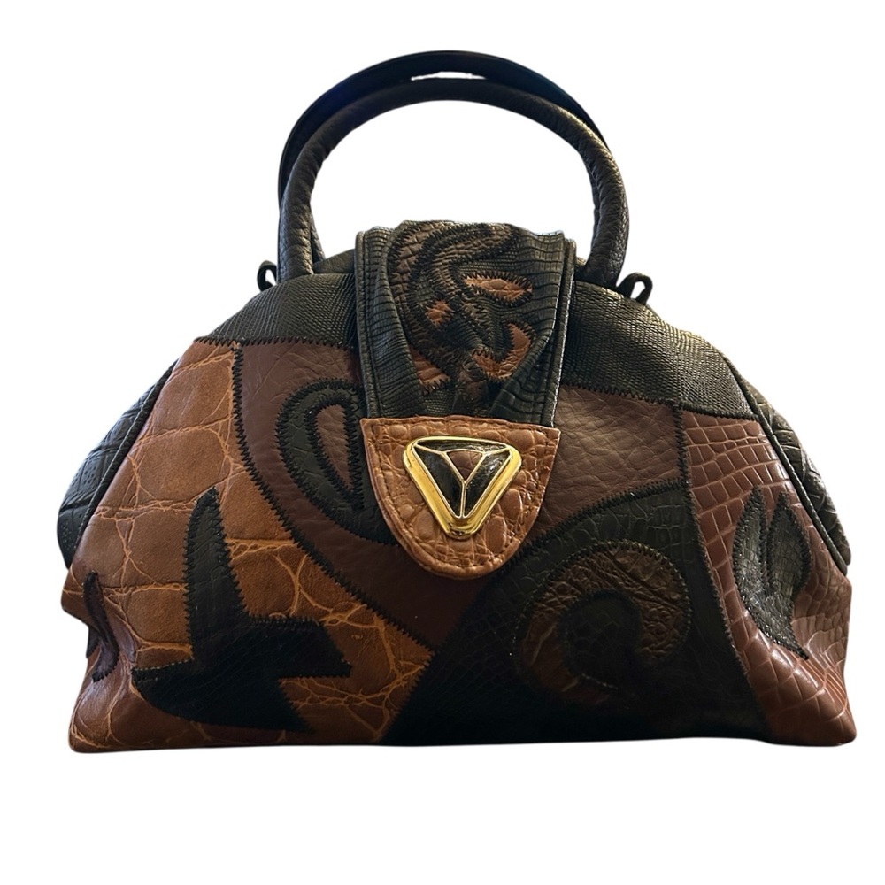 1980s Vintage Croc Pebble Leather Patchwork Top Handle Satchel
